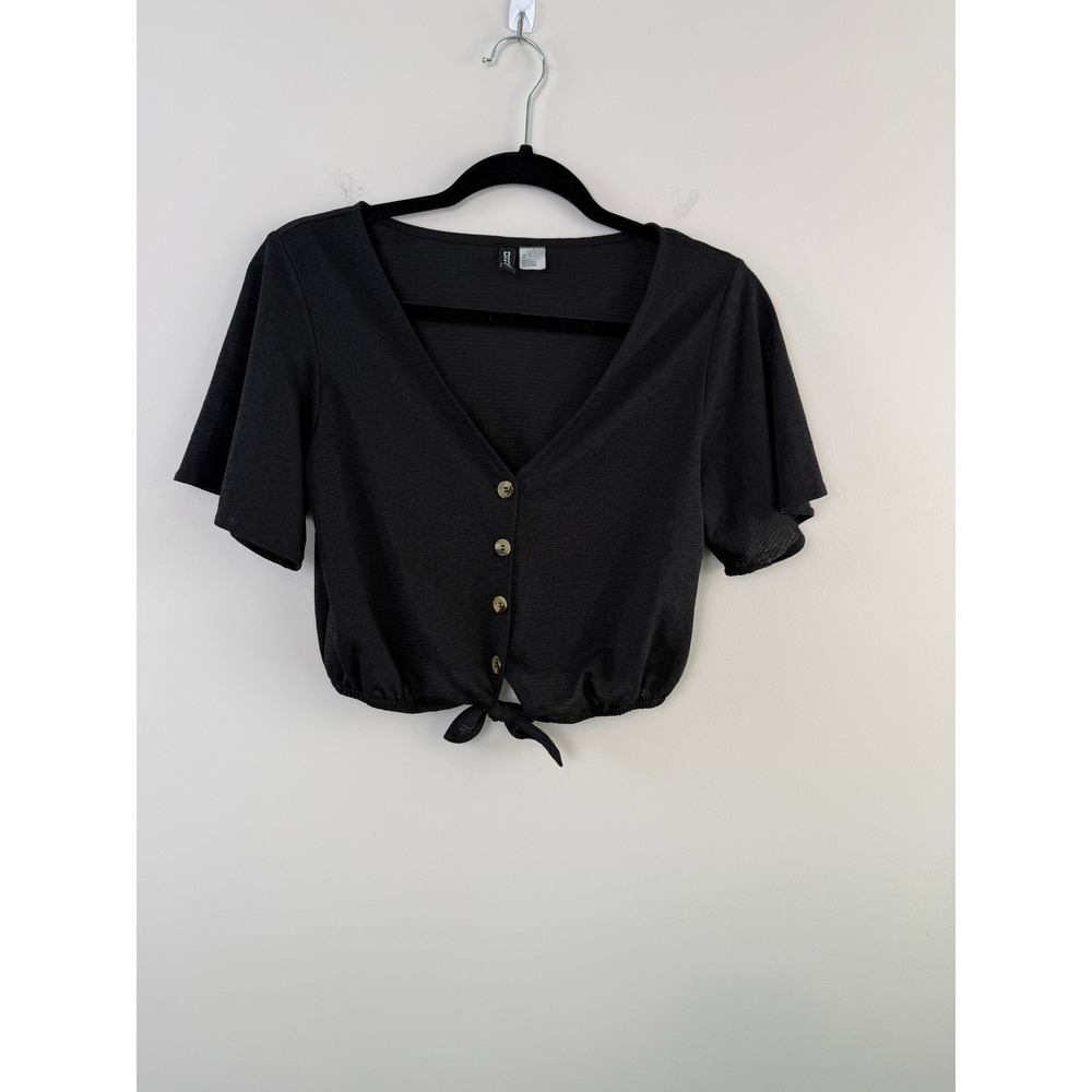 H&M Black Tie Front Crop Top Button V Neck Short Sleeve  Whimsgoth Women Small